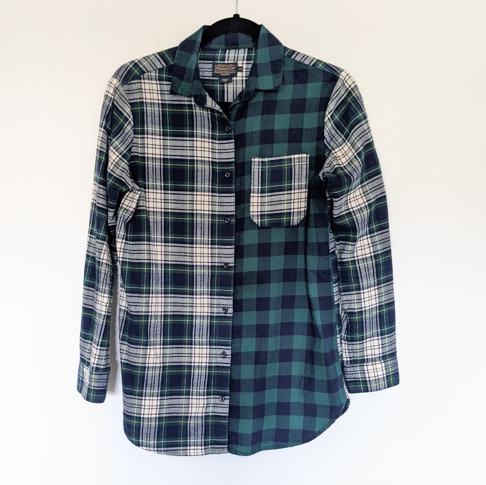 Pendleton Flannel Shirt Patchwork Plaid Longer Length Blue Green XS